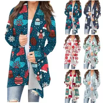 Женская мода, повседневный рождественский принт, кардиган средней длины, куртка, пальто XXXL циан