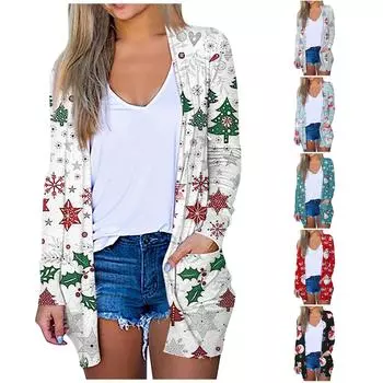 Женская мода, повседневный рождественский принт, кардиган средней длины, карманное пальто L красный