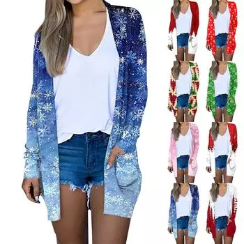 Женская мода, повседневный рождественский принт, кардиган средней длины, куртка, пальто XL синий