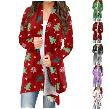 Женская мода, повседневный рождественский принт, кардиган средней длины, куртка, пальто L чёрный