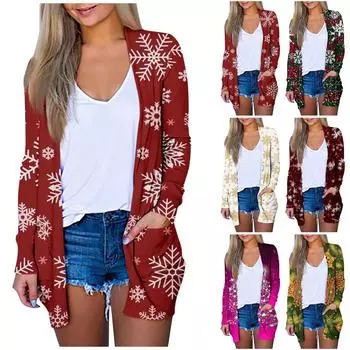 Женская мода, повседневный рождественский принт, кардиган средней длины, куртка, пальто L арбуз красный