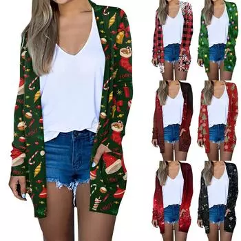 Женская мода, повседневный рождественский принт, кардиган средней длины, куртка, пальто L кофейный