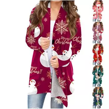 Женская мода, повседневный рождественский принт, кардиган средней длины, куртка, пальто XXXXL тёмно-синий