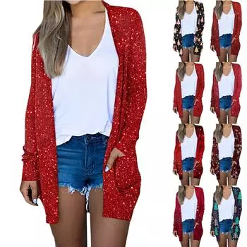 Женская мода, повседневный рождественский принт, кардиган средней длины, куртка, пальто M чёрный