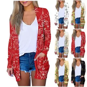 Женская мода, повседневный рождественский принт, кардиган средней длины, куртка, пальто L чёрный