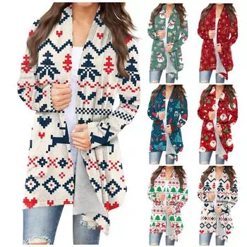 Женская мода, повседневный рождественский принт, кардиган средней длины, куртка, пальто M бежевый