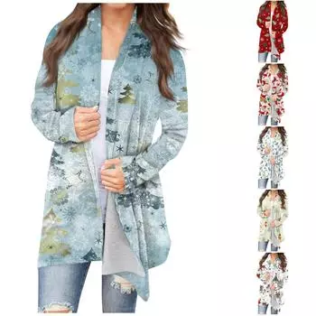 Женская мода, повседневный рождественский принт, кардиган средней длины, куртка, пальто L синий
