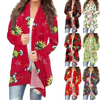 Женская мода, повседневный рождественский принт, кардиган средней длины, куртка, пальто XL белый