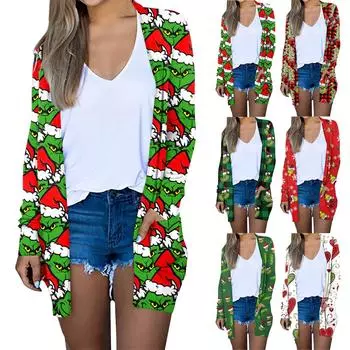 Женская мода, повседневный рождественский принт, кардиган средней длины, куртка, пальто XL