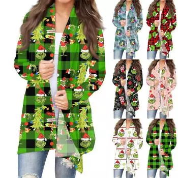 Женская мода, повседневный рождественский принт, кардиган средней длины, куртка, пальто XXXL белый