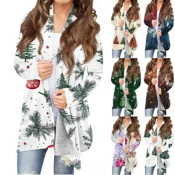 Женская мода, повседневный рождественский принт, кардиган средней длины, куртка, пальто M