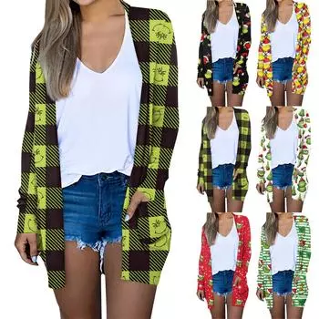 Женская мода, повседневный рождественский принт, кардиган средней длины, куртка, пальто M белый