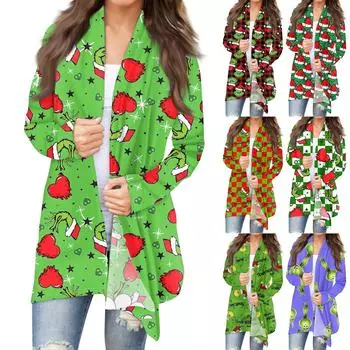 Женская мода, повседневный рождественский принт, кардиган средней длины, куртка, пальто M зелёный