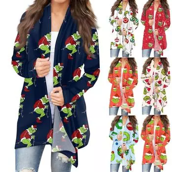 Женская мода, повседневный рождественский принт, кардиган средней длины, куртка, пальто S красный