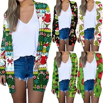 Женская мода, повседневный рождественский принт, кардиган средней длины, куртка, пальто L армия зеленый