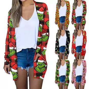 Женская мода, повседневный рождественский принт, кардиган средней длины, куртка, пальто L армия зеленый