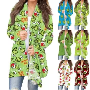 Женская мода, повседневный рождественский принт, кардиган средней длины, куртка, пальто XXXXXL красный