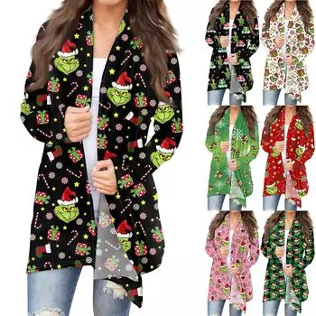 Женская мода, повседневный рождественский принт, кардиган средней длины, куртка, пальто XXXXL зелёный