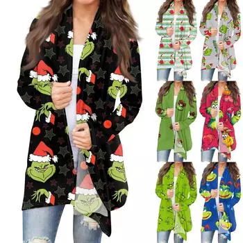 Женская мода, повседневный рождественский принт, кардиган средней длины, куртка, пальто L армия зеленый
