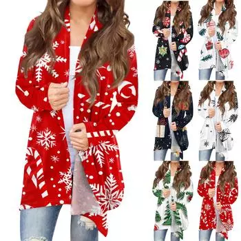 Женская мода, повседневный рождественский принт, кардиган средней длины, куртка, пальто XL