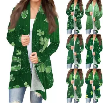 Женская мода, повседневный рождественский принт, кардиган средней длины, куртка, пальто L армия зеленый