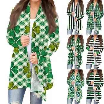 Женская мода, повседневный рождественский принт, кардиган средней длины, куртка, пальто L армия зеленый