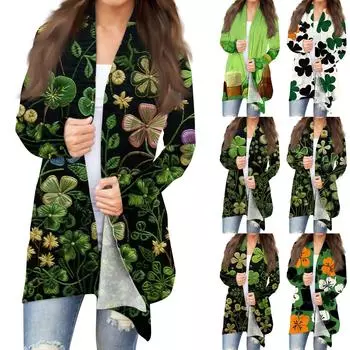 Женская мода, повседневный рождественский принт, кардиган средней длины, куртка, пальто L армия зеленый