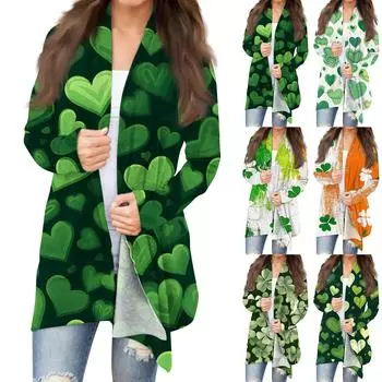 Женская мода, повседневный рождественский принт, кардиган средней длины, куртка, пальто L армия зеленый