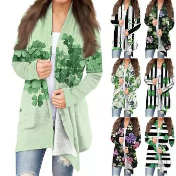 Женская мода, повседневный рождественский принт, кардиган средней длины, куртка, пальто L чёрный