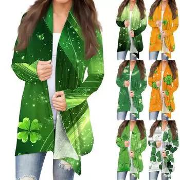 Женская мода, повседневный рождественский принт, кардиган средней длины, куртка, пальто L армия зеленый