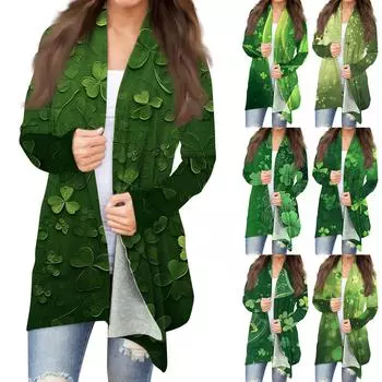 Женская мода, повседневный рождественский принт, кардиган средней длины, куртка, пальто L армия зеленый