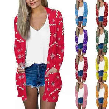 Женская мода, повседневный рождественский принт, кардиган средней длины, куртка, пальто L