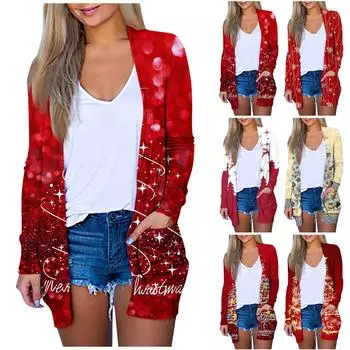 Женская мода, повседневный рождественский принт, кардиган средней длины, куртка, пальто L хаки