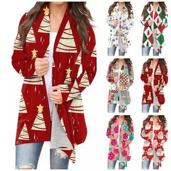 Женская мода, повседневный рождественский принт, кардиган средней длины, куртка, пальто XL разноцветный