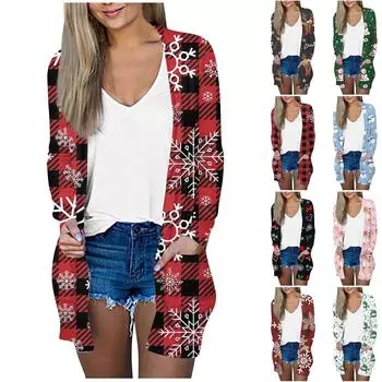 Женская мода, повседневный рождественский принт, кардиган средней длины, куртка, пальто XXL красный