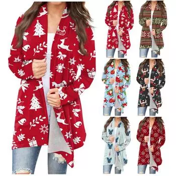 Женская мода, повседневный рождественский принт, кардиган средней длины, куртка, пальто XXXXXL винный
