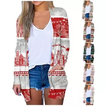 Женская мода, повседневный рождественский принт, кардиган средней длины, карманное пальто XL бежевый