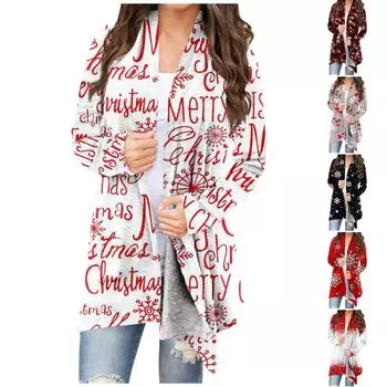 Женская мода, повседневный рождественский принт, кардиган средней длины, куртка, пальто XL чёрный