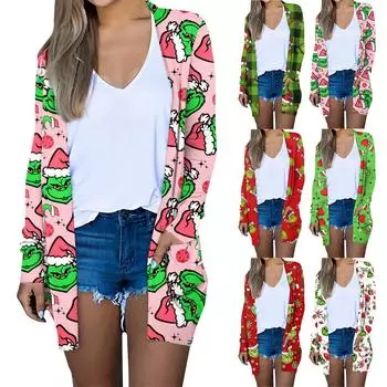 Женская мода, повседневный рождественский принт, кардиган средней длины, куртка, пальто L армия зеленый