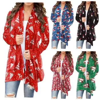 Женская мода, повседневный рождественский принт, кардиган средней длины, куртка, пальто M арбуз красный