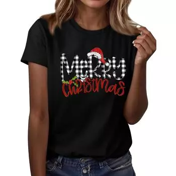 Женская мода повседневный рождественский принт короткий рукав свободный круглый вырез пуловер топ L чёрный