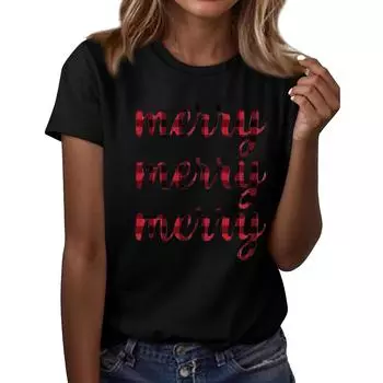 Женская мода повседневный рождественский принт короткий рукав свободный круглый вырез пуловер топ L чёрный