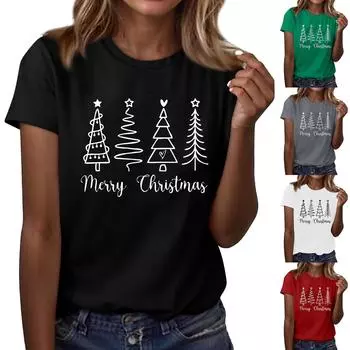Женская мода повседневный рождественский принт короткий рукав свободный круглый вырез пуловер топ L чёрный