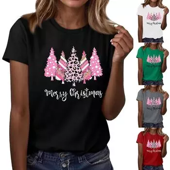 Женская мода повседневный рождественский принт короткий рукав свободный круглый вырез пуловер топ L чёрный
