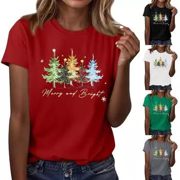 Женская мода повседневный рождественский принт короткий рукав свободный круглый вырез пуловер топ L чёрный