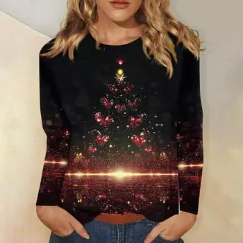Женская мода повседневный рождественский принт круглый вырез длинный рукав пуловер топ L