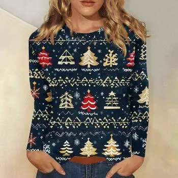 Женская мода повседневный рождественский принт круглый вырез длинный рукав пуловер топ L