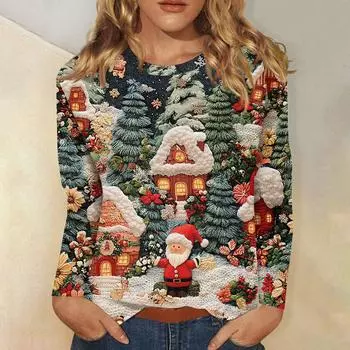Женская мода повседневный рождественский принт круглый вырез длинный рукав пуловер топ L