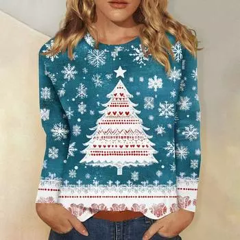 Женская мода повседневный рождественский принт круглый вырез длинный рукав пуловер топ L синий