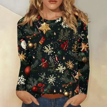 Женская мода повседневный рождественский принт круглый вырез длинный рукав пуловер топ L чёрный
